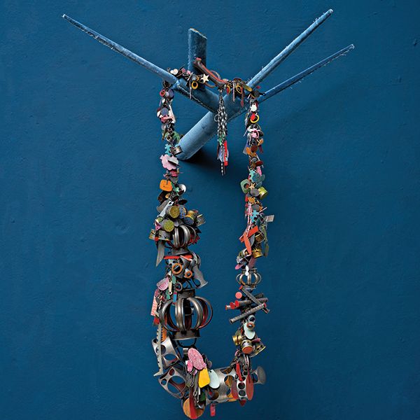 Helen Britton, Junkyard 3, 2025, silver, paint, velvet, wood, copper, and steel