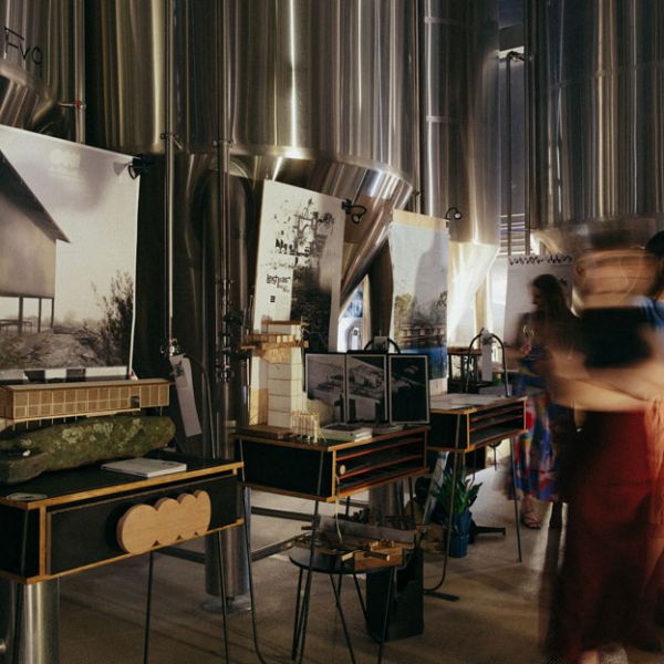 M Arch project sit amongst brewing equipment at the venue. Exploring architectural repair: Master of Architecture students present Seam.