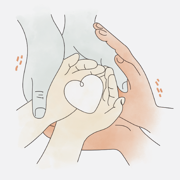 three sets of hands coming together to hold a heart shape