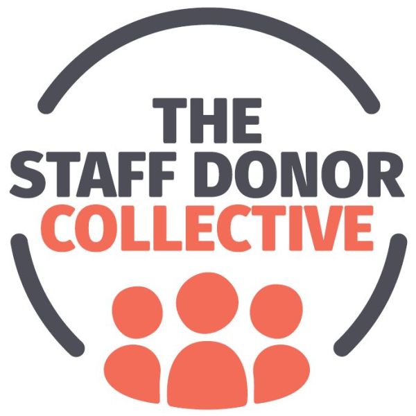 Circular outline with text 'The Staff Donor Collective' pictured above an icon depicting three people. Stronger Together for our Community.