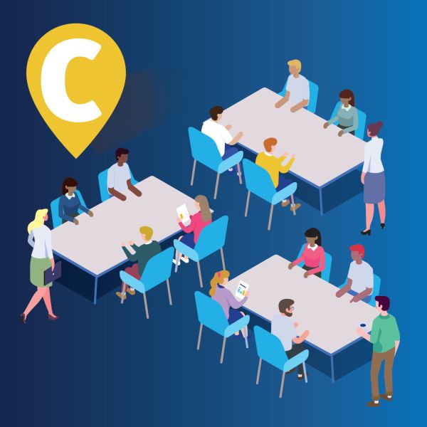 Illustration of students seated at tables speaking with employers during a networking and roundtable career event, with a location marker icon featuring a large “C” in the background.