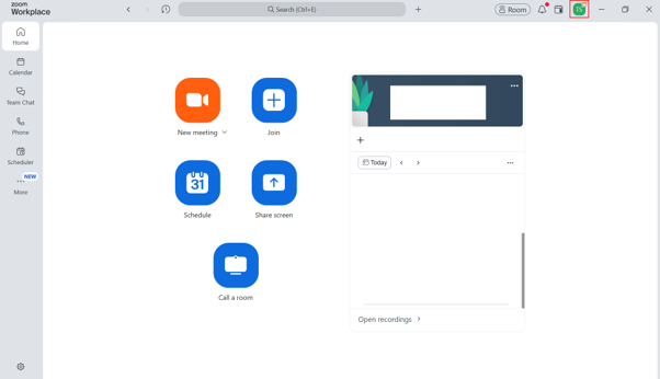 A screenshot taken from the Zoom desktop app's home screen