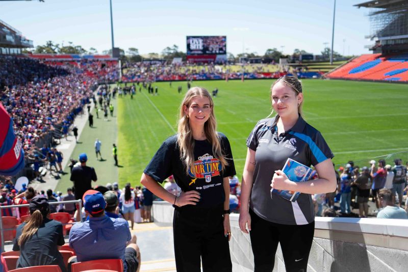 Destiny and Zahara at McDonald Jones Stadium for the Grand Final Open Training Session