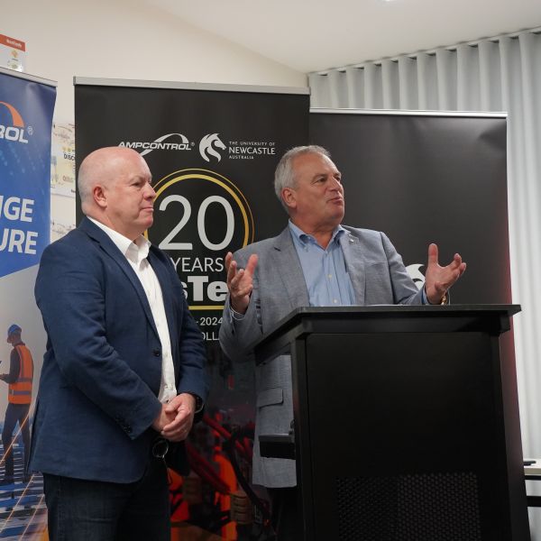Rod Henderson and Alex Zelinsky address attendees. Twenty years of ResTech: Celebrating collaboration between Ampcontrol and University of Newcastle.