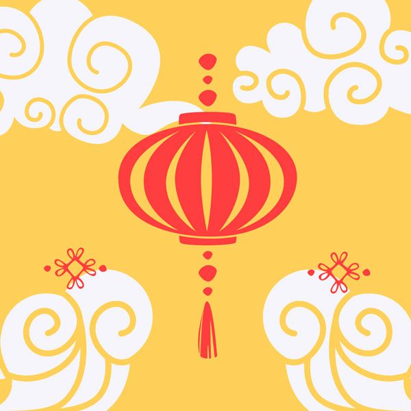 Promotional poster for Mid-Autumn Festival featuring a central red lantern illustration, surrounded by stylized clouds and floral motifs. 