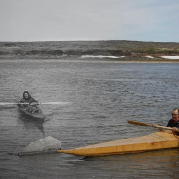 A color photograph of two people paddling a wooden kayak on a lake is overlaid with a faded black-and-white image of a single kayaker in the same setting, creating a layered past-and-present effect.