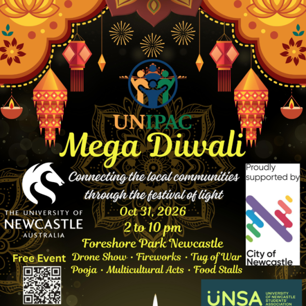 Promotional poster for UNIPAC Mega Diwali 2026, a free community event at Foreshore Park Newcastle featuring a drone show, fireworks, pooja and multicultural performances 