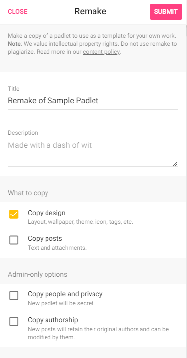 Screenshot of the options when remaking a Padlet
