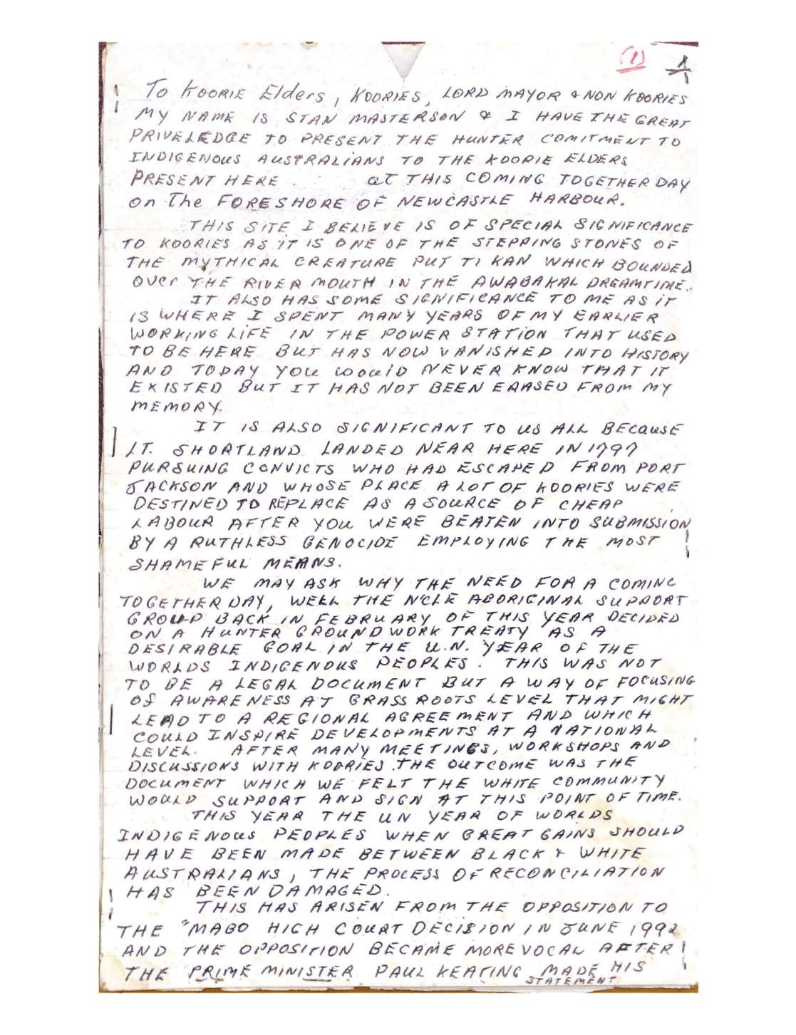  2 page handwritten text (speech) written in capital letters