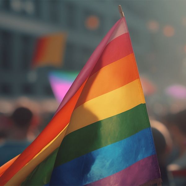 LGBTQIA+ flag flying at a public event